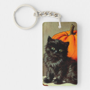 Vintage Halloween Black Cat und Pumpkins Schlüsselanhänger