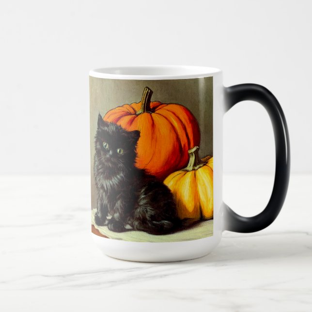 Vintage Halloween Black Cat und Pumpkins Verwandlungstasse (Rechts)