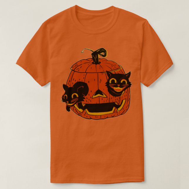 Vintage Halloween Black Cats Scaredy Cat T-Shirt (Design vorne)