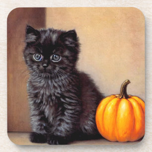 Vintage Halloween Black Kitten Illustration Getränkeuntersetzer