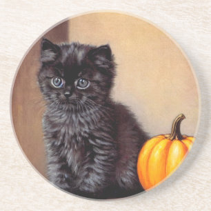 Vintage Halloween Black Kitten Illustration Getränkeuntersetzer