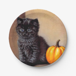 Vintage Halloween Black Kitten Illustration Pappteller