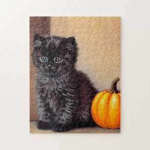 Vintage Halloween Black Kitten Illustration Puzzle