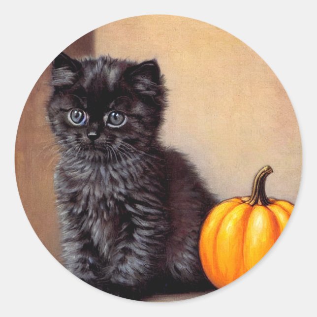 Vintage Halloween Black Kitten Illustration Runder Aufkleber (Vorderseite)