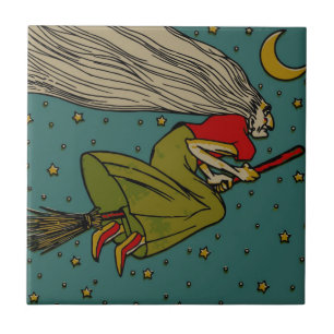 Vintage-Halloween, böse Hexe fliegt auf Besenstiel Fliese