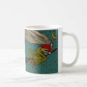 Vintage-Halloween, böse Hexe fliegt auf Besenstiel Kaffeetasse