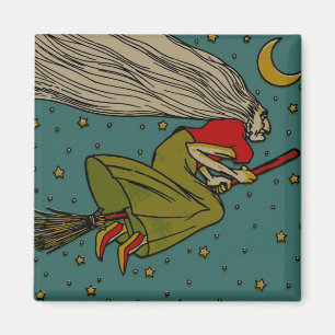 Vintage-Halloween, böse Hexe fliegt auf Besenstiel Magnet