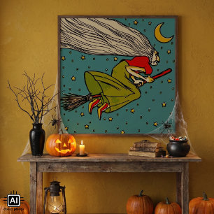 Vintage-Halloween, böse Hexe fliegt auf Besenstiel Poster