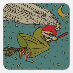 Vintage-Halloween, böse Hexe fliegt auf Besenstiel Quadratischer Aufkleber