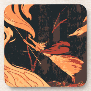 Vintage Halloween, böse Hexe mit Feuer im Wald Getränkeuntersetzer