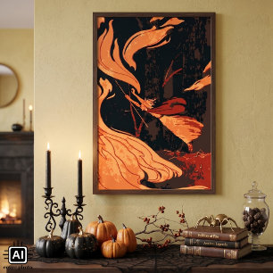 Vintage Halloween, böse Hexe mit Feuer im Wald Poster