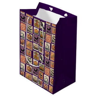 Vintage-Halloween-Briefmarken-Geschenkpapier Mittlere Geschenktüte