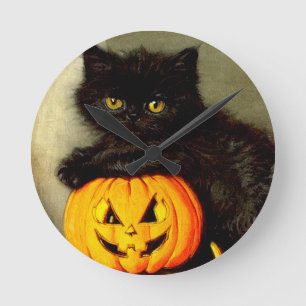 Vintage Halloween Cat and Jack-o’-Laterne Runde Wanduhr