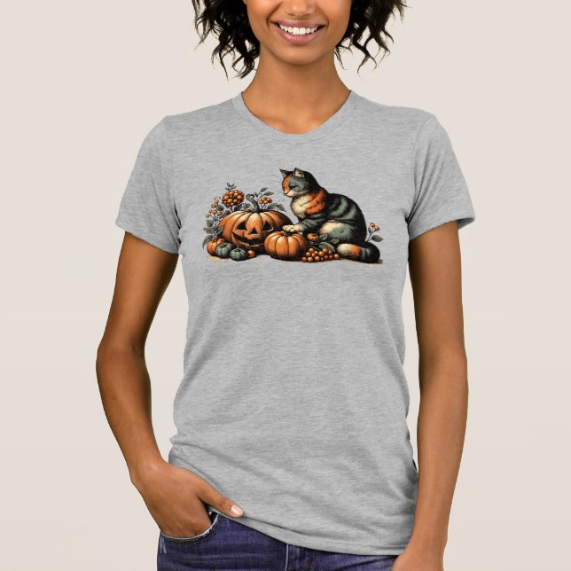Vintage Halloween Cat und Pumpkin T-Shirt (Vorderseite)