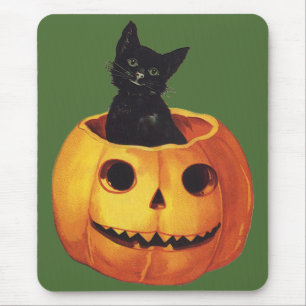 Vintage Halloween, Cute Black Cat in a Pumpkin Mousepad