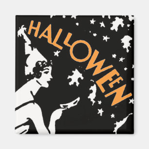 Vintage-Halloween-Dame mit Maske und Kürbislaterne Magnet