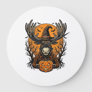 Vintage-Halloween-Elch-Kürbis-Hexenhut-Shirt_1 Große Wanduhr