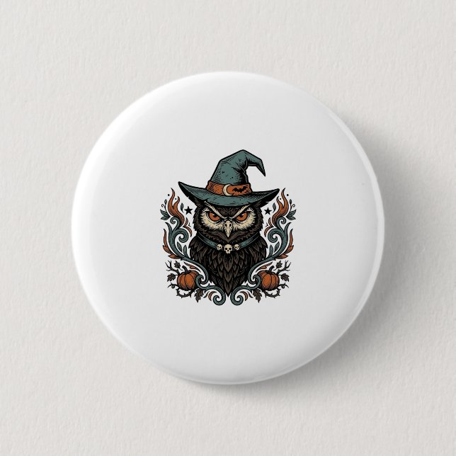 Vintage-Halloween-Eule-Hexenhut-Vektordesign_1 Button (Vorderseite)