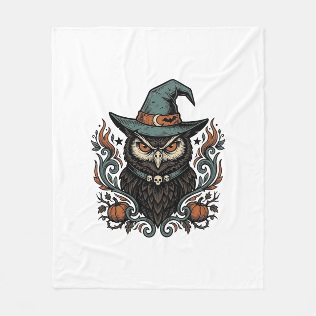 Vintage-Halloween-Eule-Hexenhut-Vektordesign_1 Fleecedecke (Vorderseite)
