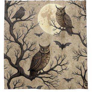 Vintage-Halloween-Eulen und Mond Duschvorhang