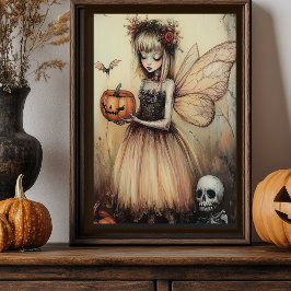 Vintage Halloween Fairy mit Pumpkin und Skelett Fotodruck