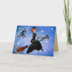 Vintage Halloween-Fliegen-Hexe-Karte Karte