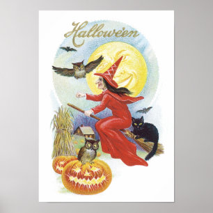 Vintage Halloween, Fliegende Hexe mit einer schwar Poster