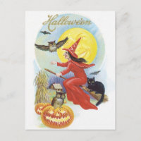 Vintage Halloween, Fliegende Hexe mit einer schwar