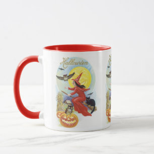 Vintage Halloween, Fliegende Hexe mit einer schwar Tasse
