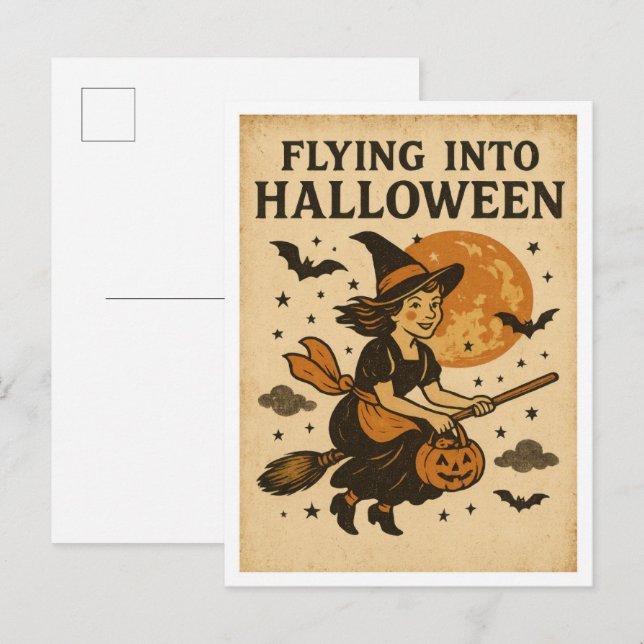 Vintage-Halloween-Flug Postkarte (Vorne/Hinten)
