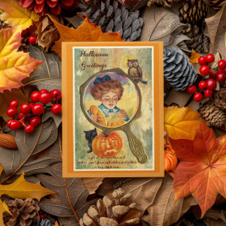 Vintage-Halloween-Frau, Kürbis und Eule Karte