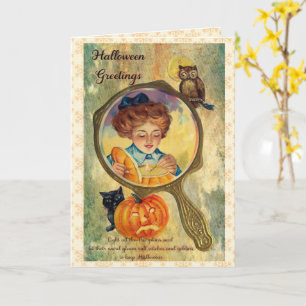 Vintage-Halloween-Frau, Kürbis und Eule  Karte