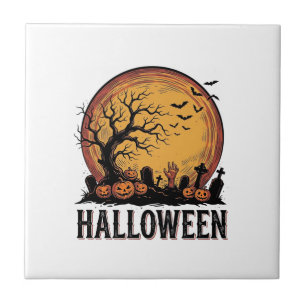 Vintage-Halloween-Friedhofs-Fledermaus-Mond-Kunst_ Fliese