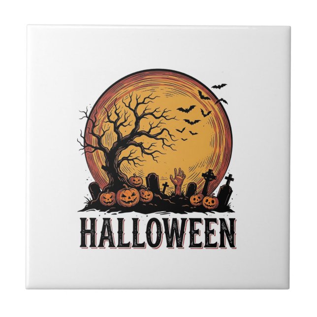 Vintage-Halloween-Friedhofs-Fledermaus-Mond-Kunst_ Fliese (Vorderseite)