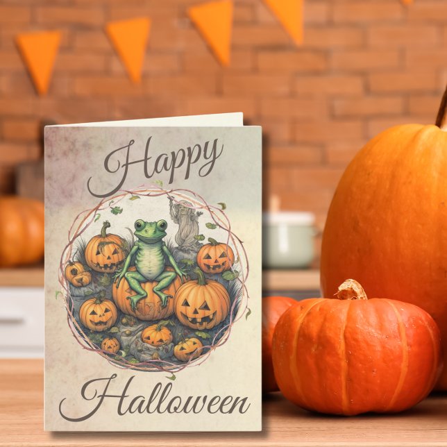 Vintage Halloween Frosch & Pumpkins Feiertagskarte (Von Creator hochgeladen)