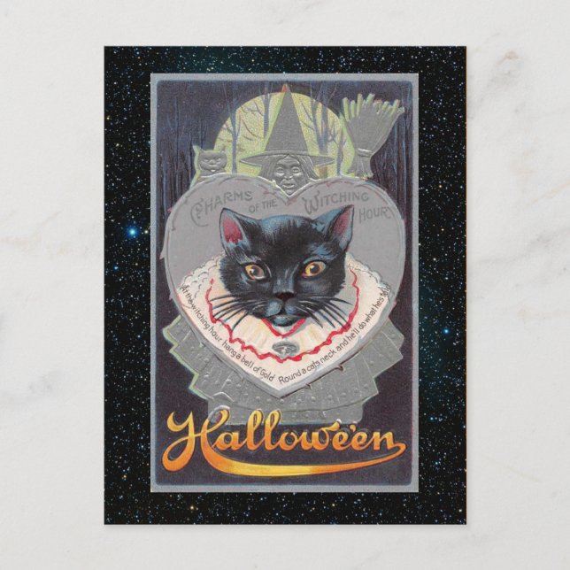 Vintage Halloween-Funnycat-Illustration Postkarte (Vorderseite)