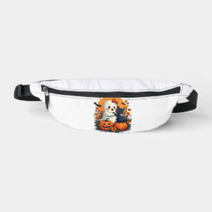 Vintage-Halloween-Geist hält schwarze Katze Groovy Bauchtasche