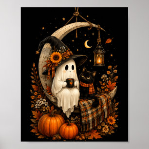 Vintage-Halloween-Geist hält schwarze Katze Groovy Poster