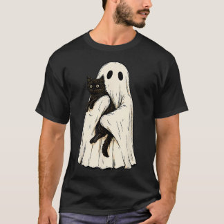 Vintage Halloween-Geist hält schwarze Katze T-Shirt