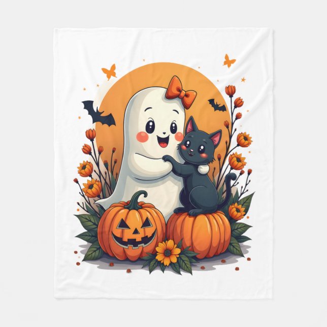 Vintage-Halloween-Geist mit schwarzer Katze Groovy Fleecedecke (Vorderseite)