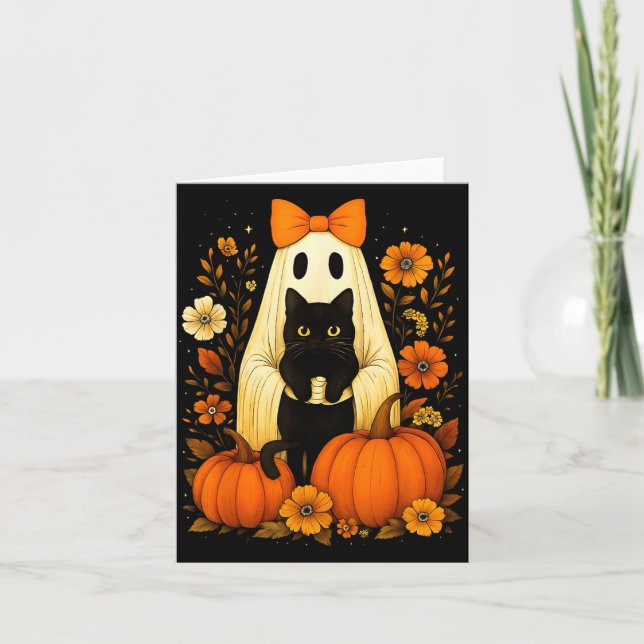 Vintage-Halloween-Geist mit schwarzer Katze Groovy Karte (Vorderseite)