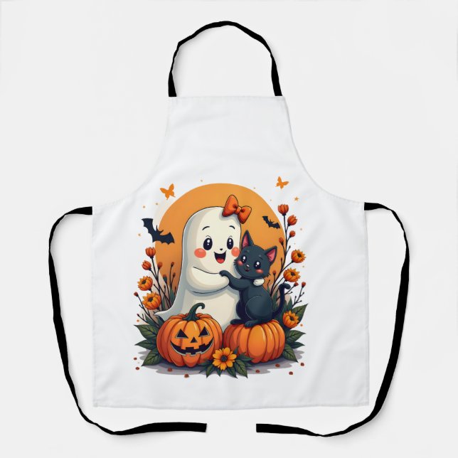 Vintage-Halloween-Geist mit schwarzer Katze Groovy Schürze (Vorderseite)