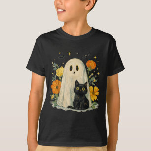 Vintage-Halloween-Geist-Schwarze-Katze-Groovy-Blum T-Shirt