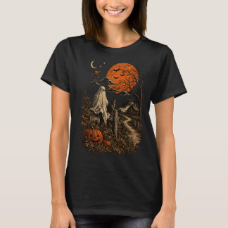 Vintage-Halloween-Geist- und schwarzes Katzen-T-Sh T-Shirt