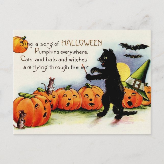 Vintage Halloween-Gesang-Kürbis-Katzen-Postkarte Ankündigungspostkarte (Vorderseite)