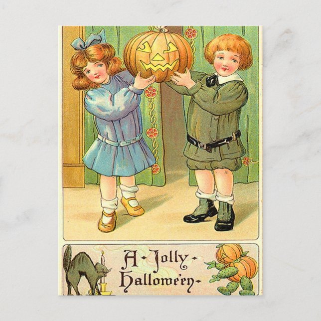 Vintage Halloween Girl and Boy Postkarte (Vorderseite)