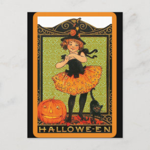 Vintage Halloween-Girl-Hexe, Pumpkin, Schwarze Kat Postkarte