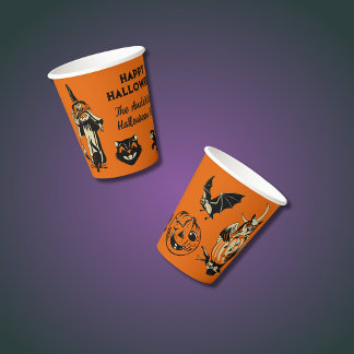Vintage Halloween-Grafiken in Orange und Schwarz Pappbecher