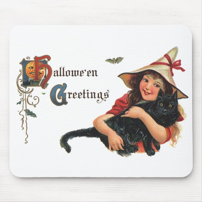 Vintage Halloween Greetings, Child Witch with Cat Mousepad (Vorne)