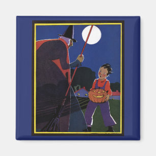 Vintage-Halloween, gruselige Hexe mit Jungen Magnet